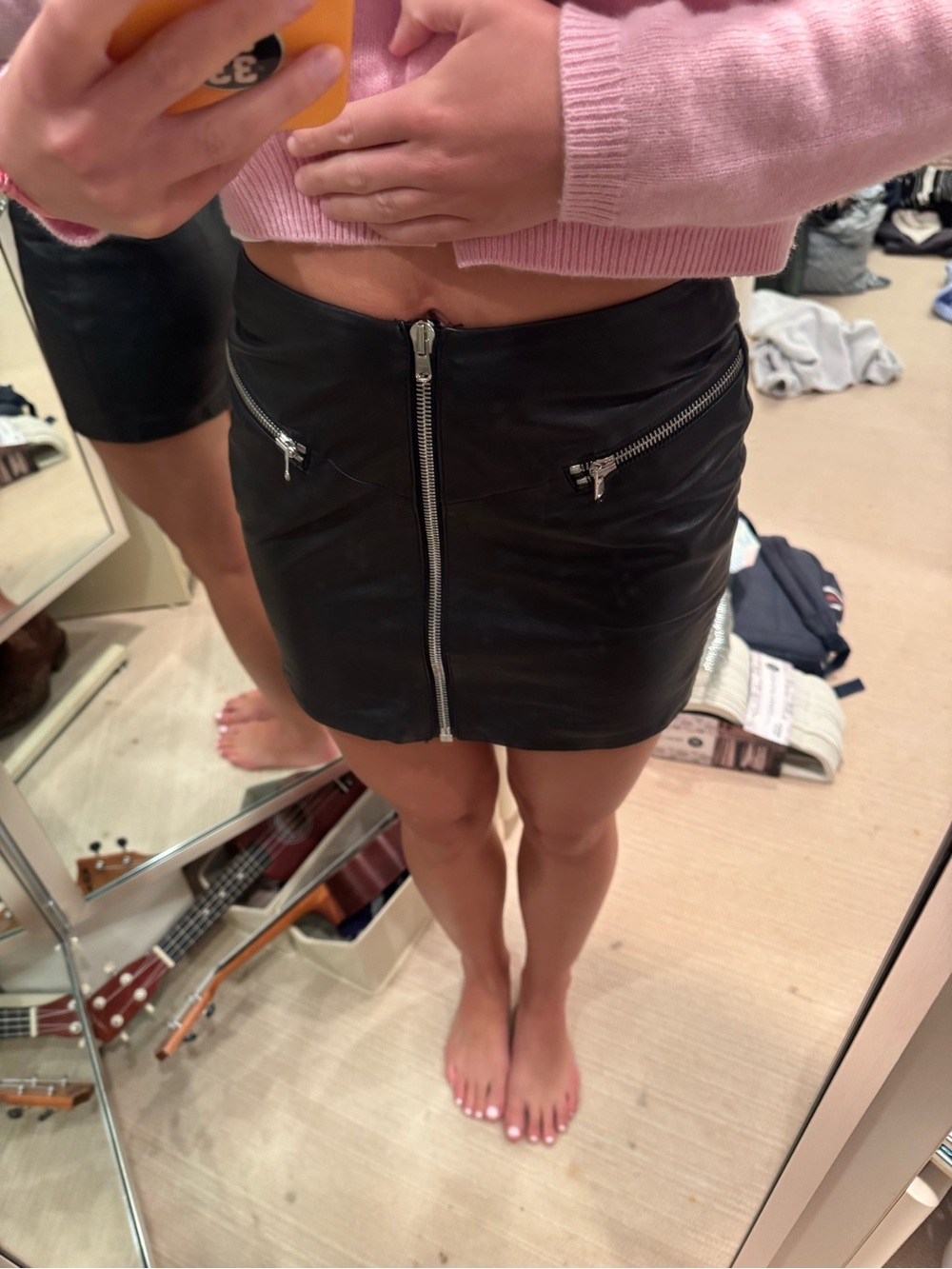 The Kooples Black Leather Zip-Front Mini Skirt